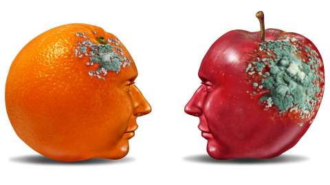 Toxische Beziehung - Apfel und Orange als Gesicht mit verschimmelten Kopf